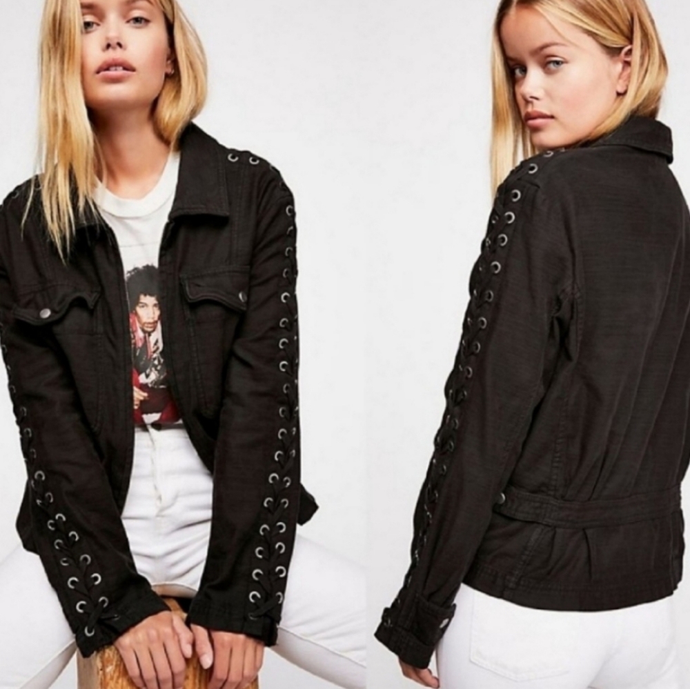 Free People Faye Military Jacket Laced Long Sleeves Relaxed Cotton  Size Sm NWT